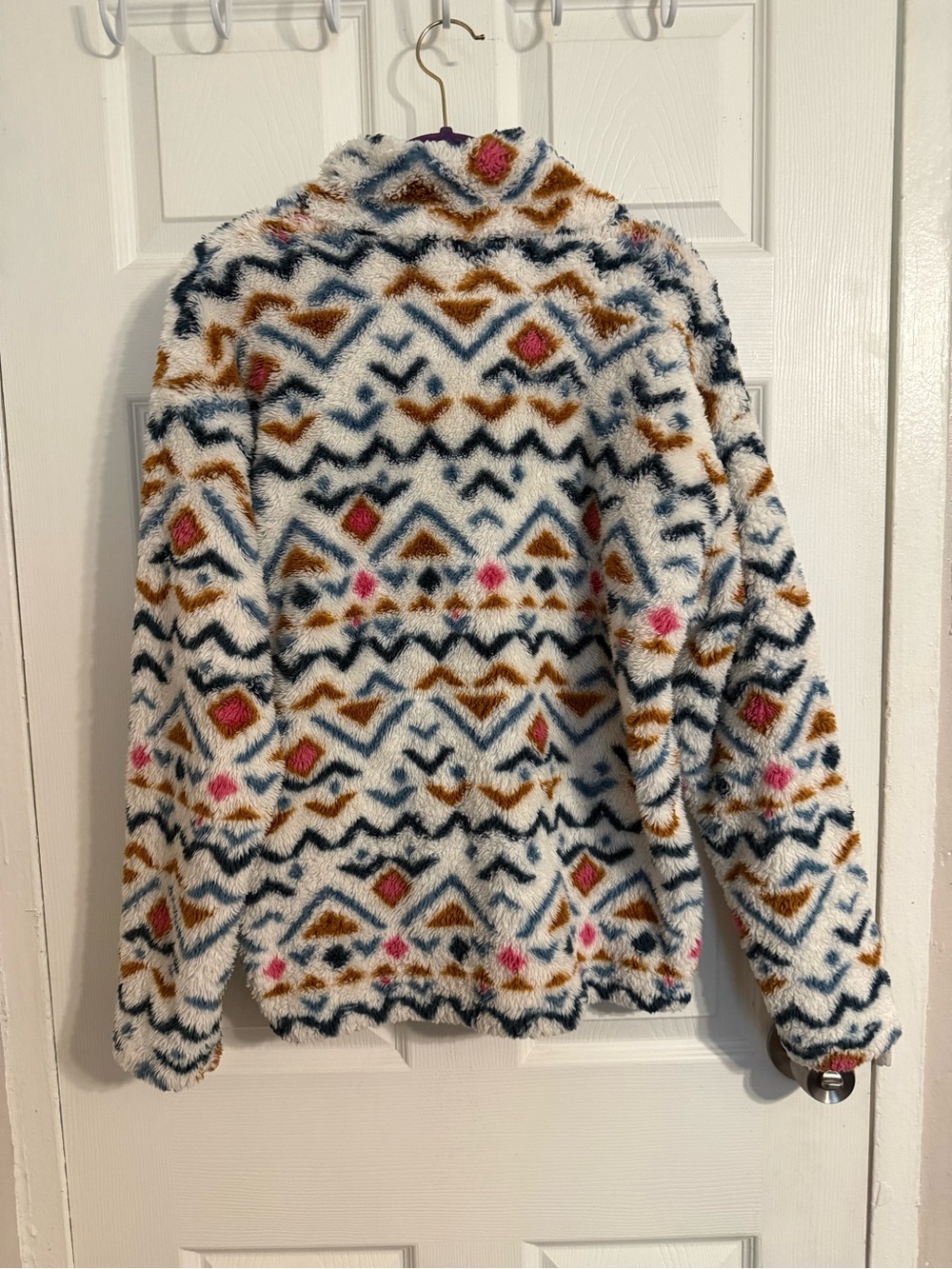 Eddie Bauer Cream Sherpa Pullover with Navy, Mustard, and Pink Accents - Picture 2 of 4